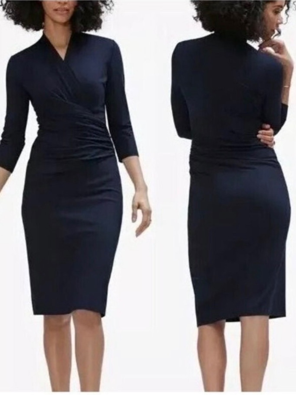 MM.LaFleur The Casey Navy Blue Faux Wrap Ruched Sheath Dress 3/4 Sleeve Sz XS